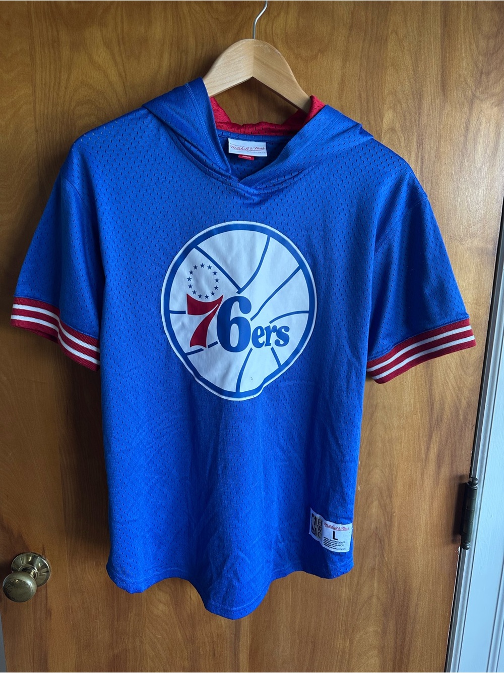 Kids Mitchell & Ness Philadelphia 76ers Blue Red Hooded Jersey Top